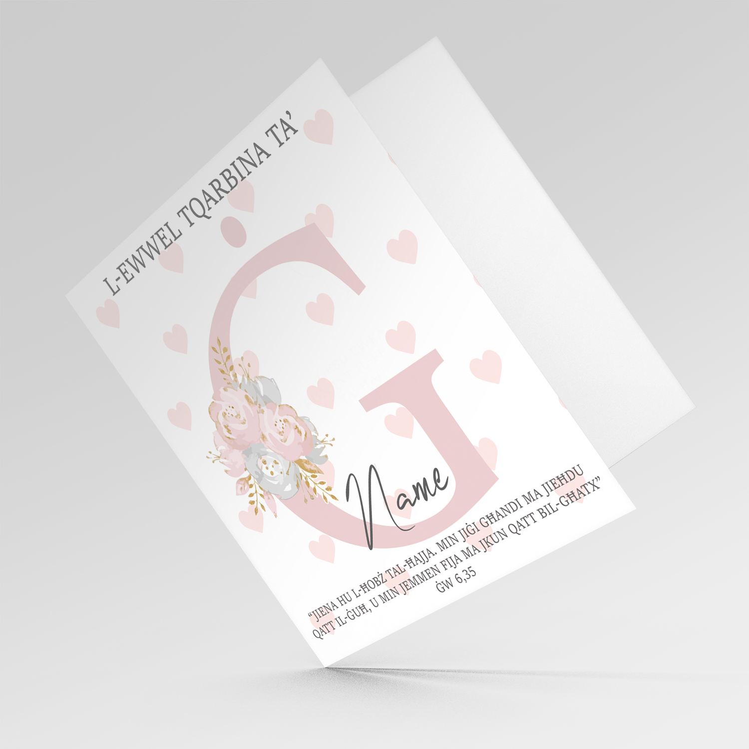 Ġ - Initial First Holy Communion Card for Girls, with bible verse ĠW 6,35  and light pink heart background in Maltese | Witty Creations