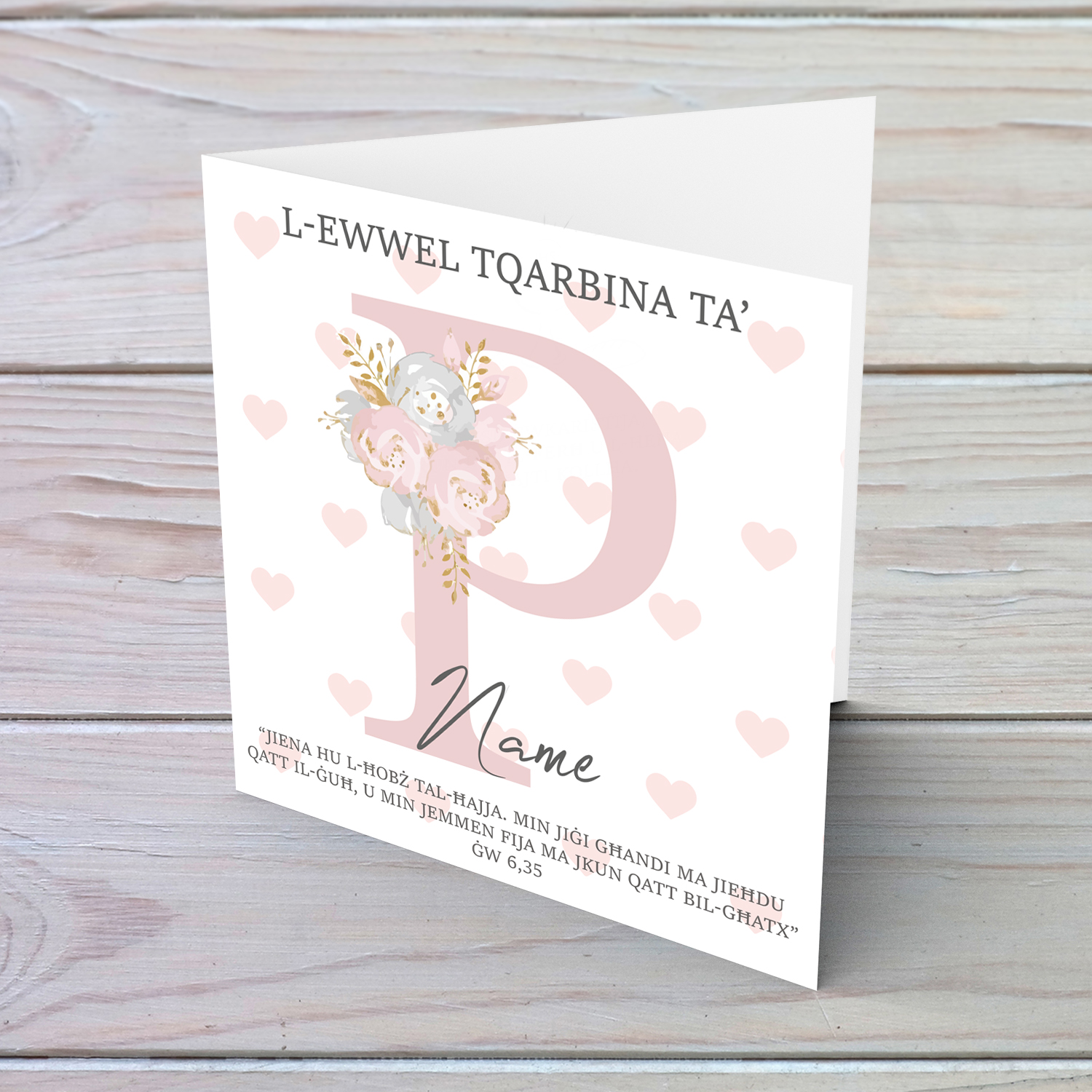 P - Initial First Holy Communion Card for Girls, with bible verse ĠW 6,35  and light pink heart background in Maltese | Witty Creations